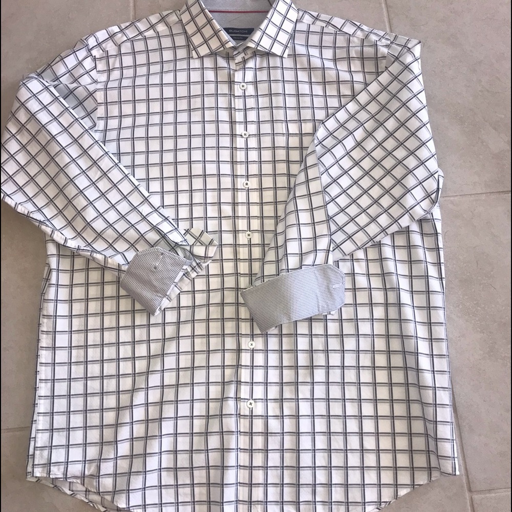 BUGATCHI WHITE & GRAY DRESS SHIRT. LIKE NEW WORN ONCE lLIKE NEW PERFECT!!